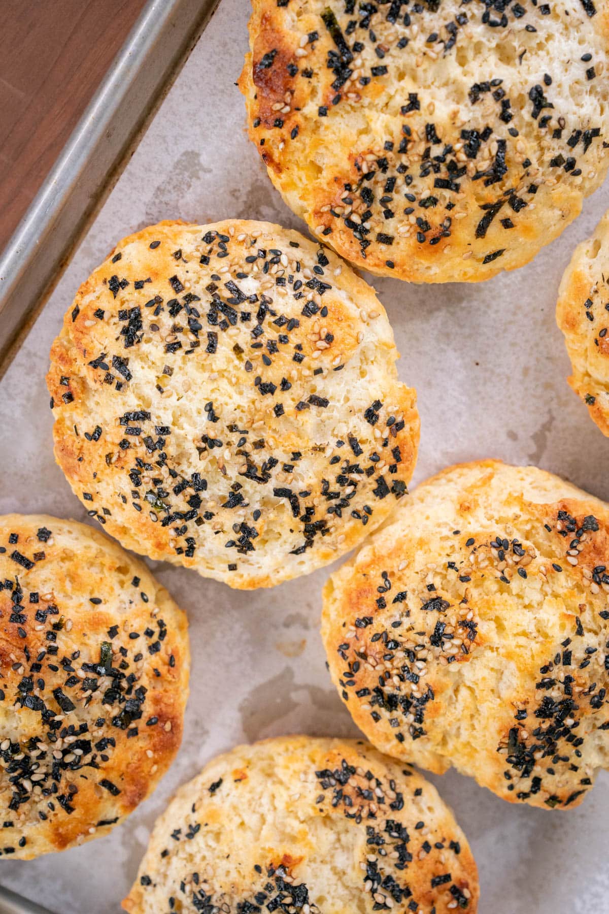top down image closeup of furikake biscuits out of the oven.